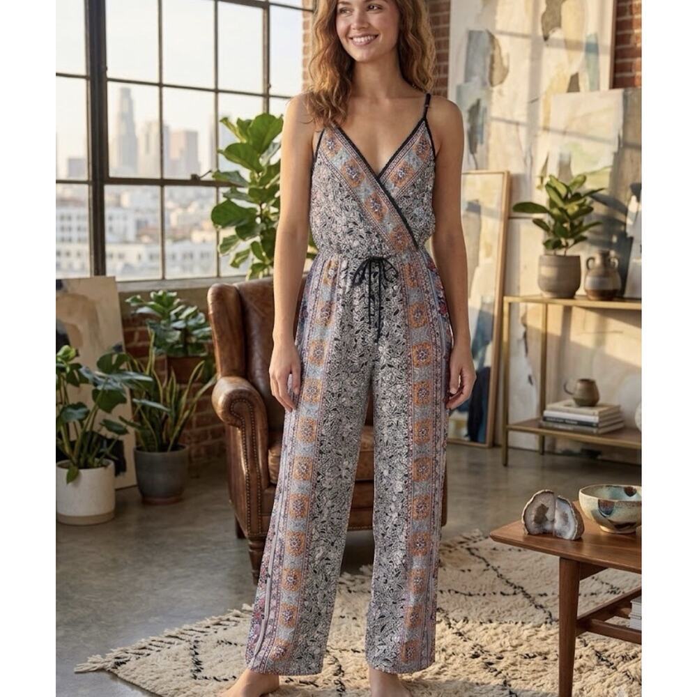 Angie Women’s Boho Wide Leg Jumpsuit Black Orange Spaghetti Strap Festival M